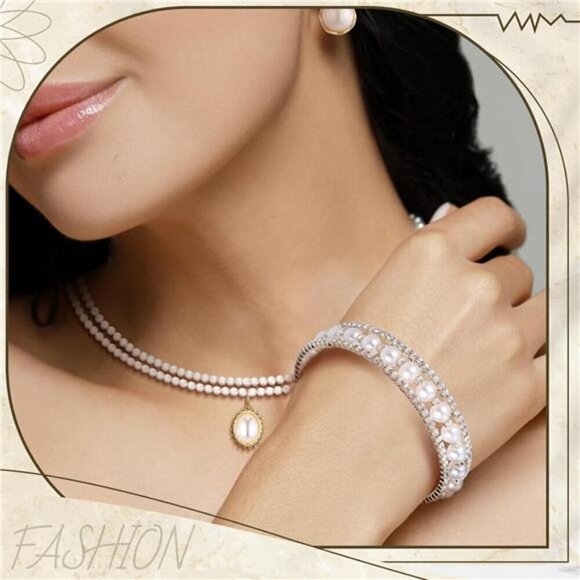 Gold Pearl Rhinestone Jewelry Set for Women Pearl Necklace Bracelet Earrings - Picture 4 of 7